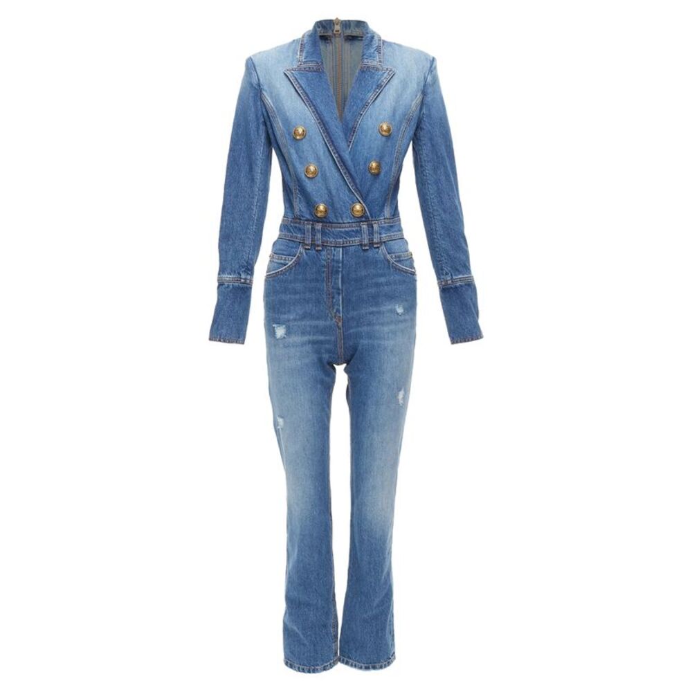 Balmain Distressed Denim Jumpsuit